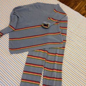 Free People Blue Ribbed Pajama Set with Rainbow Stripes